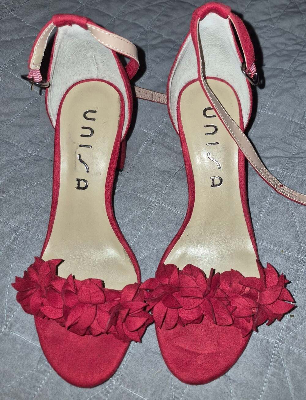 Unisa Undeeta Red Suede Ruffle Ankle Strap Block Heel Sandals